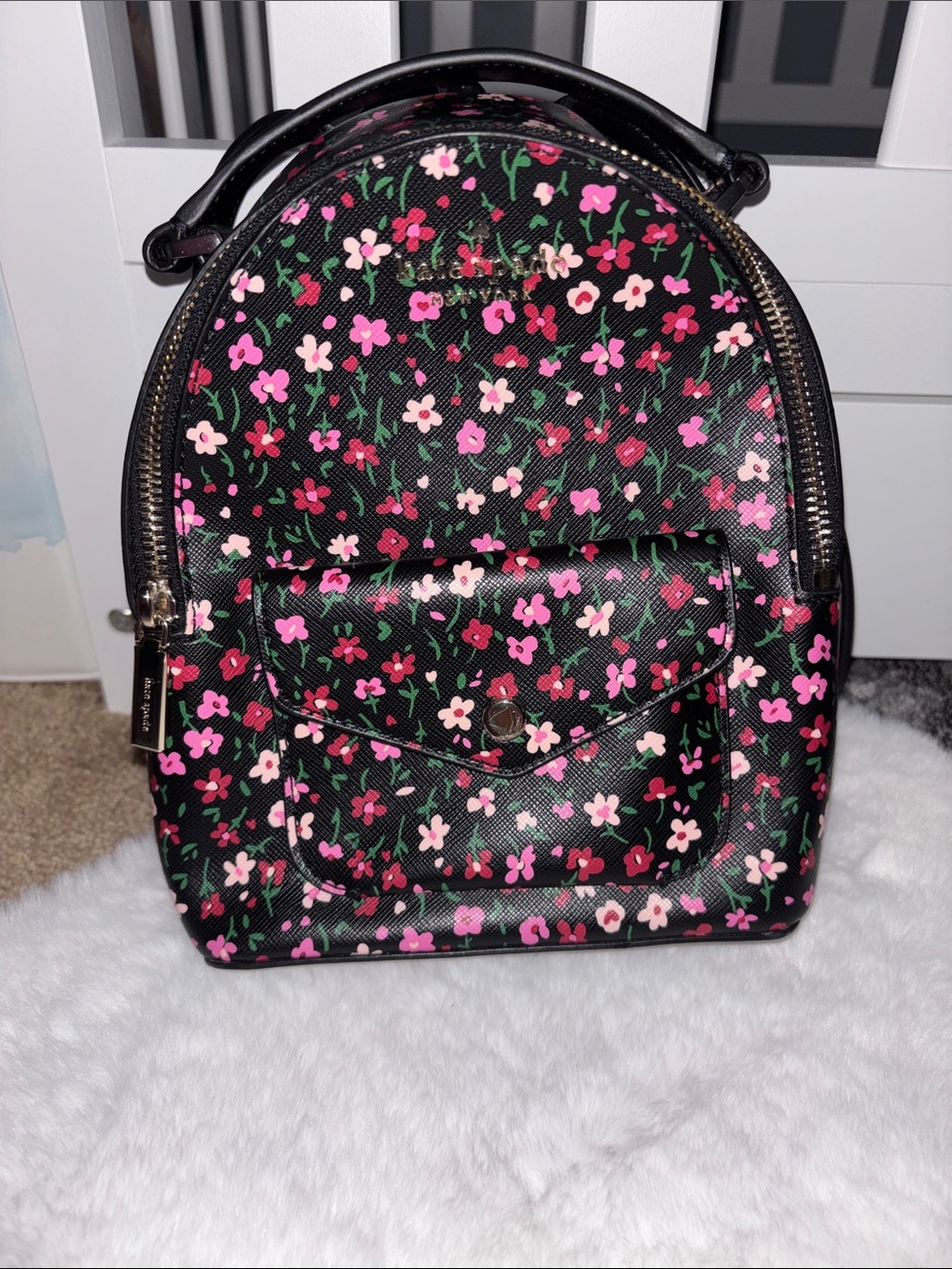 kate spade Black Floral Mini Backpack with Pink and White Blossoms